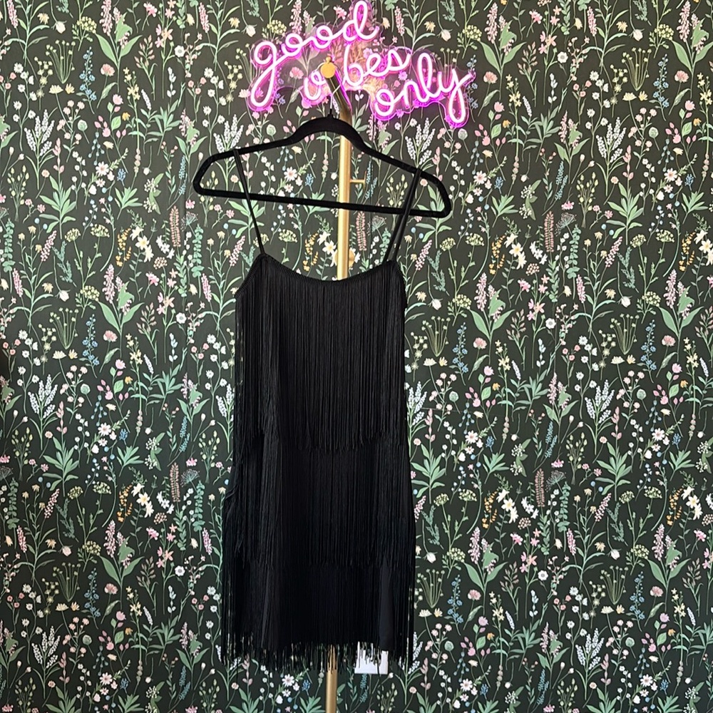 Fringe mini black dress